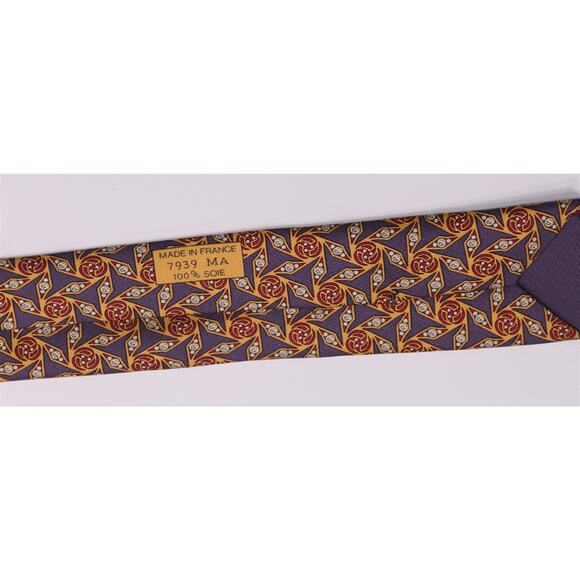 Hermes 7939 MA Blue Gold Red Geometric Print Silk Necktie Tie - Picture 6 of 6